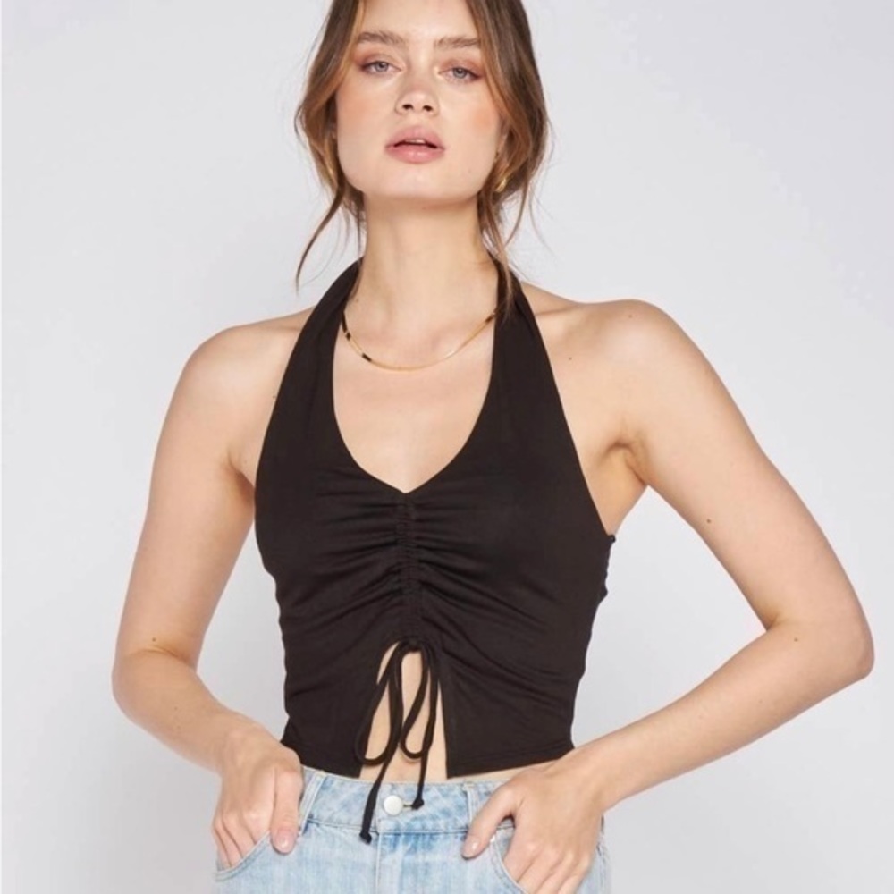 Emory Park Black Ruched Crop Halter Top